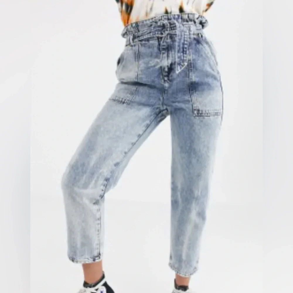 River Island High Rise Balloon Wide-leg Paper-bag Tie Belt Acid Wash WM’s 12 EUC